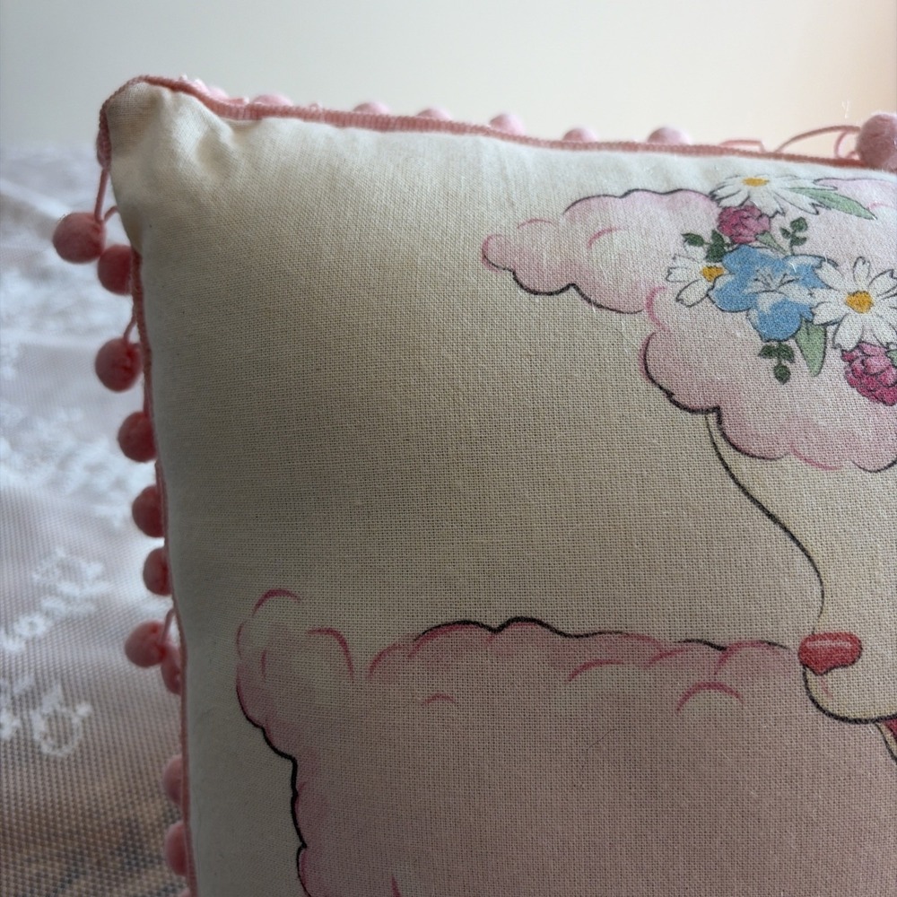 Vintage Inspired Kitschy Lamb Throw Pillow Pink Pom Pom Fringe Square Polka Dots - Picture 2 of 16